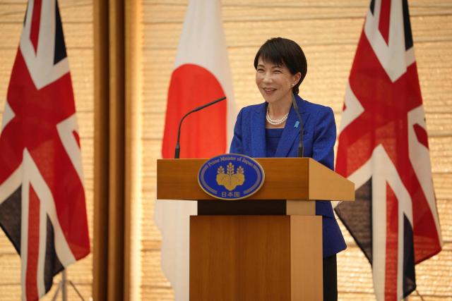 Japanese Prime Minister Sanae Takaichi delivers a press statement following a bilateral meeting with Britain's Prime Minister Keir Starmer (not pictured) at the prime minister's office in Tokyo on January 31, 2026. (Photo by Kin Cheung / POOL / AFP)