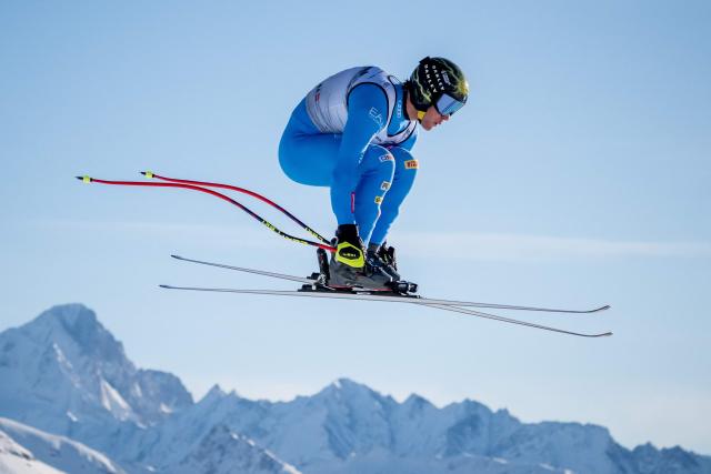 Italy's Giovanni Franzoni takes part in the men's downhill training on the eve of the race during the FIS Alpine Ski World Cup 2025-2026, in Crans Montana, Switzerland, on January 31, 2026. (Photo by Fabrice COFFRINI / AFP)