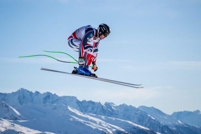 France's Nils Allegre takes part in the men's downhill training on the eve of the race during the FIS Alpine Ski World Cup 2025-2026, in Crans Montana, Switzerland, on January 31, 2026. (Photo by Fabrice COFFRINI / AFP)