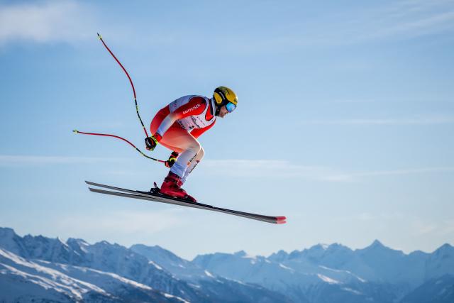 Switzerland's Niels Hintermann takes part in the men's downhill training on the eve of the race during the FIS Alpine Ski World Cup 2025-2026, in Crans Montana, Switzerland, on January 31, 2026. (Photo by Fabrice COFFRINI / AFP)