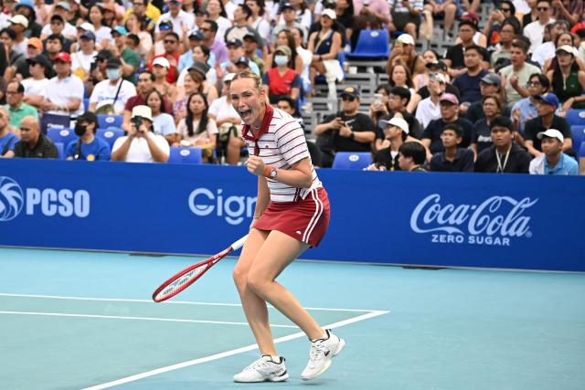 Donna Vekic of Croatia reacts after a point against Camila Osorio of Colombia during the women's singles finals at the Philippine Women's Open tennis tournament in Manila on January 31, 2026. (Photo by Ted ALJIBE / AFP)