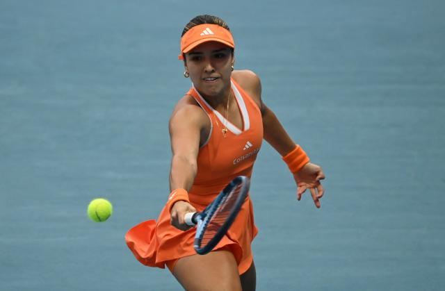 Camila Osorio of Colombia hits a return against Donna Vekic of Croatia during the women's singles finals at the Philippine Women's Open tennis tournament in Manila on January 31, 2026. (Photo by Ted ALJIBE / AFP)