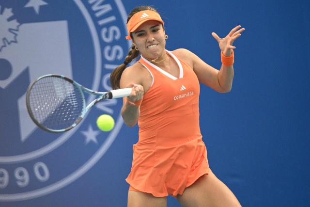 Camila Osorio of Colombia hits a return against Donna Vekic of Croatia during the women's singles finals at the Philippine Women's Open tennis tournament in Manila on January 31, 2026. (Photo by Ted ALJIBE / AFP)