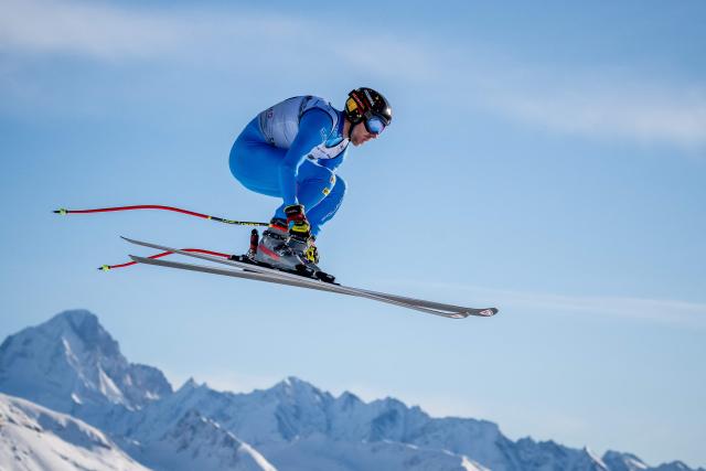 Italy's Mattia Casse takes part in the men's downhill training on the eve of the race during the FIS Alpine Ski World Cup 2025-2026, in Crans Montana, Switzerland, on January 31, 2026. (Photo by Fabrice COFFRINI / AFP)