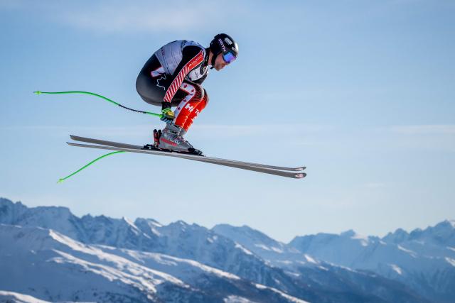 Canada's Cameron Alexander takes part in the men's downhill training on the eve of the race during the FIS Alpine Ski World Cup 2025-2026, in Crans Montana, Switzerland, on January 31, 2026. (Photo by Fabrice COFFRINI / AFP)