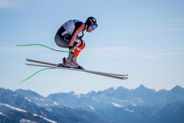 Canada's Cameron Alexander takes part in the men's downhill training on the eve of the race during the FIS Alpine Ski World Cup 2025-2026, in Crans Montana, Switzerland, on January 31, 2026. (Photo by Fabrice COFFRINI / AFP)