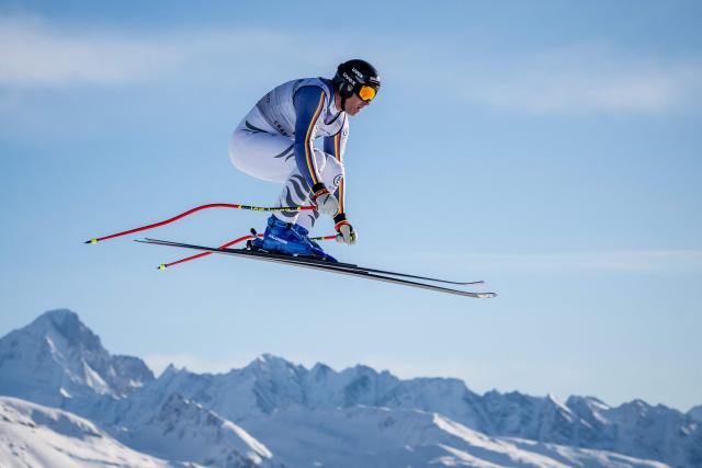Germany's Romed Baumann takes part in the men's downhill training on the eve of the race during the FIS Alpine Ski World Cup 2025-2026, in Crans Montana, Switzerland, on January 31, 2026. (Photo by Fabrice COFFRINI / AFP)