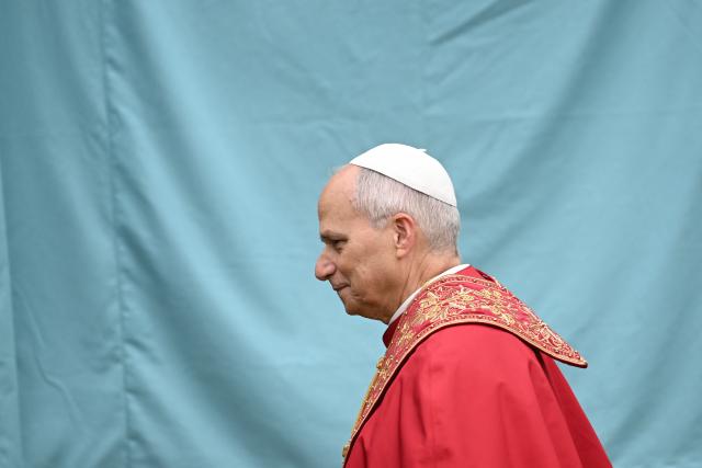 Pope Leo XIV arrives for the inauguration of the Marian mosaic of the Virgin Mary along with a statue of 16th-century Saint Rose of Lima during a ceremony in the Vatican Gardens, at the Vatican, on January 31, 2026. (Photo by Filippo MONTEFORTE / AFP)