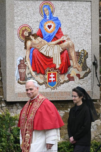 Pope Leo XIV arrives for the inauguration of the Marian mosaic of the Virgin Mary along with a statue of 16th-century Saint Rose of Lima during a ceremony in the Vatican Gardens, at the Vatican, on January 31, 2026. (Photo by Filippo MONTEFORTE / AFP)