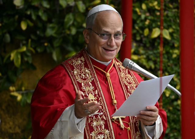 Pope Leo XIV delivers remarks during the unveiling of a Marian mosaic of the Virgin Mary along with a statue of 16th-century Saint Rose of Lima, by Peruvian artist Lenin Alvarez Medina, during an inauguration ceremony in the Vatican Gardens, at the Vatican, on January 31, 2026. (Photo by Filippo MONTEFORTE / AFP)