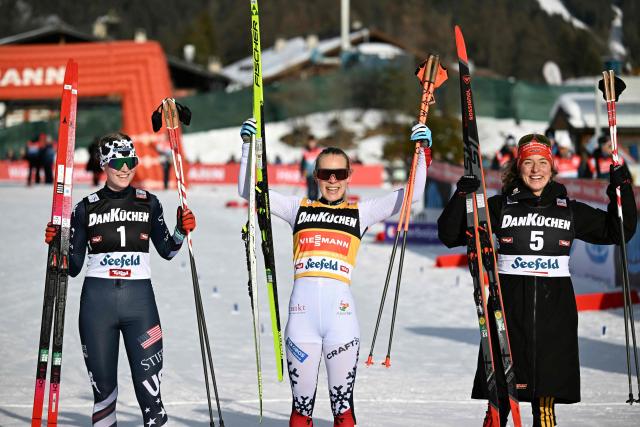Second place US' Alexa Brabec, winner Norway's Ida Marie Hagen and third place Germany's Nathalie Armbruster celebrate after the Women's Individual Compact 5km event at the FIS Ski Nordic Combined World Cup, on January 31, 2026 in Seefeld, Austria. (Photo by BARBARA GINDL / APA / AFP) / Austria OUT