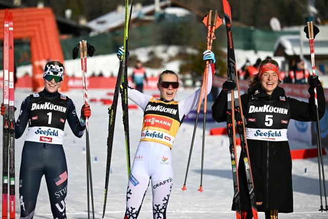 Second place US' Alexa Brabec, winner Norway's Ida Marie Hagen and third place Germany's Nathalie Armbruster celebrate after the Women's Individual Compact 5km event at the FIS Ski Nordic Combined World Cup, on January 31, 2026 in Seefeld, Austria. (Photo by BARBARA GINDL / APA / AFP) / Austria OUT