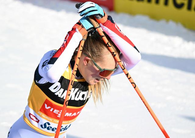 Winner Norway's Ida Marie Hagen celebrates after the Women's Individual Compact 5km event at the FIS Ski Nordic Combined World Cup, on January 31, 2026 in Seefeld, Austria. (Photo by BARBARA GINDL / APA / AFP) / Austria OUT