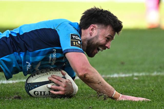 Montpellier’s Scottish scrum-half Ali Price scores a try during the French Top 14 rugby union match between Montpellier Herault Rugby and Stade Francais at the Septeo Stadium in Montpellier, southern France on January 31, 2026. (Photo by Gabriel BOUYS / AFP)