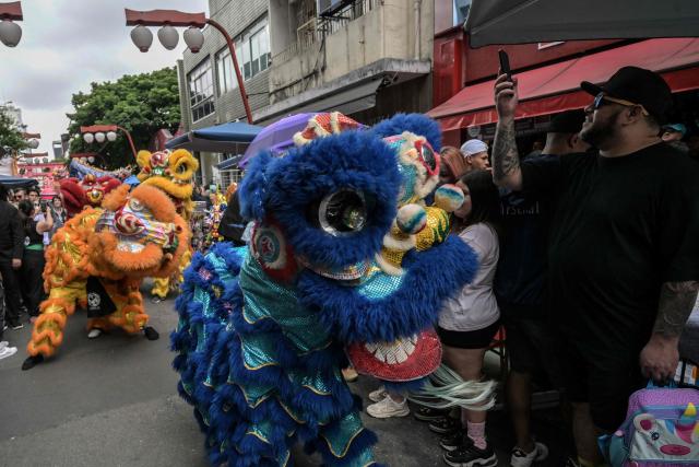 The lion dance is performed during celebrations marking the Chinese Lunar New Year, which welcomes the Year of the Horse, in the Liberdade district of Sao Paulo, Brazil, on January 31, 2026. (Photo by Nelson ALMEIDA / AFP)