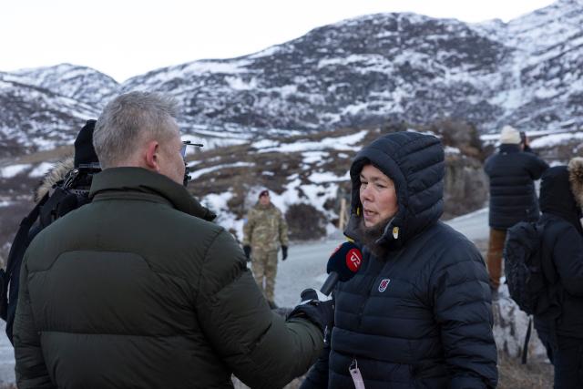 Greenland's Foreign Minister Vivian Motzfeldt answers a journalist during a visit at the army contribution in Nuuk, Greenland, on January 31, 2026. (Photo by Christian Klindt Soelbeck / Ritzau Scanpix / AFP) / Denmark OUT