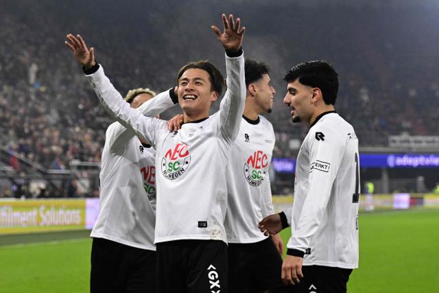 NEC’s Kodai Sano (C) celebrates scoring the 1-3 during the Dutch Eredivisie football match between AZ Alkmaar and NEC at the AFAS Stadium in Alkmaar, Netherlands, on January 31, 2026. (Photo by Olaf Kraak / ANP / AFP) / Netherlands OUT