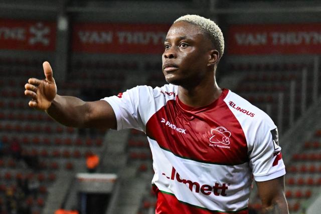 Waregem's Nigerian midfielder Tochukwu Nnadi gestures during the Belgian Proleague first division football match between SV Zulte Waregem and KVC Westerlo in Waregem on January 31, 2026, on day 23 of the 2025-2026 season. (Photo by MAARTEN STRAETEMANS / Belga / AFP) / Belgium OUT