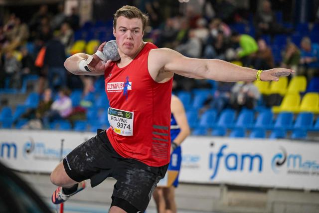 Dutch athlete Yannick Rolvink competes in the shot put event during the IAAF World Indoor Tour Athletics Meeting in Ghent on January 31, 2026. (Photo by DAVID PINTENS / Belga / AFP) / Belgium OUT
