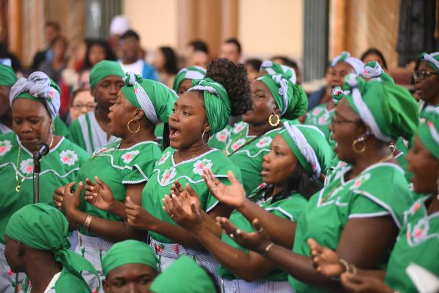 Garifuna Afro-Indigenous people attend mass at the Basilica of Suyapa during celebrations for the 279th anniversary of the Virgin of Suyapa, in Tegucigalpa, on January 31, 2026. Next February 3 marks the anniversary of the Virgin of Suyapa, declared Patroness of Honduras by Pope Pius XII in 1925. (Photo by Orlando SIERRA / AFP)