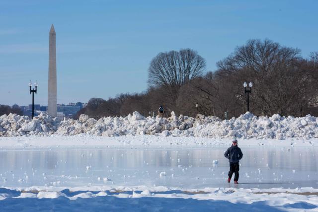 A person walks atop the frozen Capitol Reflecting Pool on the National Mall in Washington, DC, on January 31, 2026. (Photo by Aaron Schwartz / AFP)