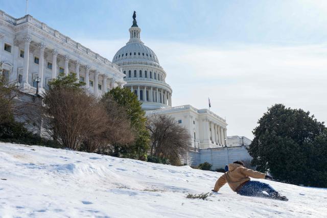 A person slides down the frozen West Lawn at the US Capitol Complex in Washington, DC, on January 31, 2026. (Photo by Aaron Schwartz / AFP)