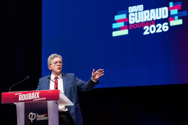 Founder of French left-wing La France Insoumise (LFI) party Jean-Luc Melenchon delivers a speech during a campaign rally in support of La France Insoumise - Nouveau Front Populaire's MP David Guiraud, candidate in the municipal elections in Roubaix, northern France, on January 31, 2026. (Photo by Sameer Al-DOUMY / AFP)