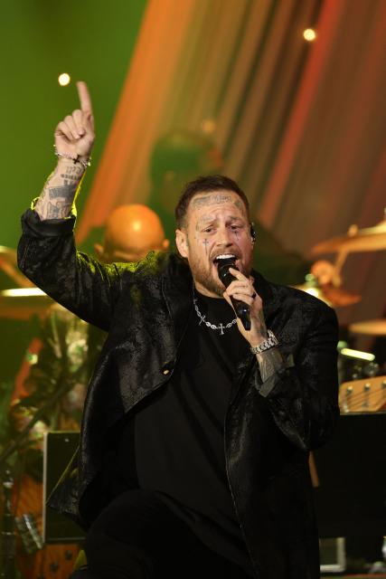 US singer Jelly Roll performs onstage during the Recording Academy and Clive Davis' Salute To Industry Icons pre-Grammy gala at the Beverly Hilton hotel in Beverly Hills, California on January 31, 2026. (Photo by Patrick T. Fallon / AFP)