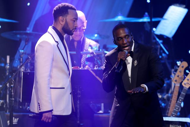 US singer-songwriter John Legend and US rapper Malice, of the hip hop duo Clipse, perform onstage during the Recording Academy and Clive Davis' Salute To Industry Icons pre-Grammy gala at the Beverly Hilton hotel in Beverly Hills, California on January 31, 2026. (Photo by Patrick T. Fallon / AFP)