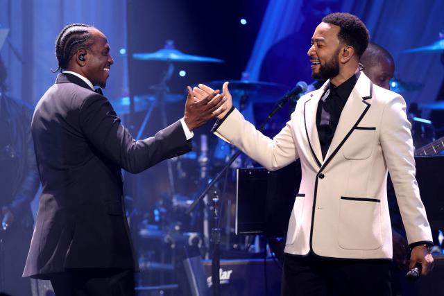 US rapper Malice and US singer-songwriter John Legend perform onstage during the Recording Academy and Clive Davis' Salute To Industry Icons pre-Grammy gala at the Beverly Hilton hotel in Beverly Hills, California on January 31, 2026. (Photo by Patrick T. Fallon / AFP)