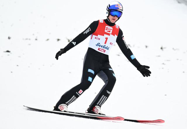 Germany's Vinzenz Geiger lands his jump of the Men's Individual Gundersen Norman Hill HS109/12,5km event of the FIS Nordic Combined World Cup in Seefeld, Austria, on February 1, 2026. (Photo by BARBARA GINDL / APA / AFP) / Austria OUT