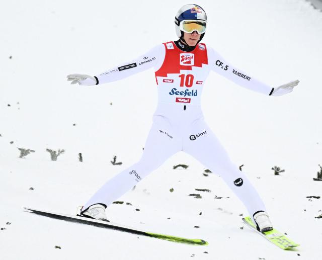 Estonia's Kristjan Ilves lands his jump during the Men's Individual Gundersen Norman Hill HS109/12,5km event of the FIS Nordic Combined World Cup in Seefeld, Austria, on February 1, 2026. (Photo by BARBARA GINDL / APA / AFP) / Austria OUT