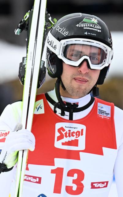 Austria's Fabio Obermeyr reacts during the Men's Individual Gundersen Norman Hill HS109/12,5km event of the FIS Nordic Combined World Cup in Seefeld, Austria, on February 1, 2026. (Photo by BARBARA GINDL / APA / AFP) / Austria OUT