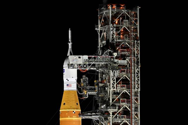 The Space Launch System (SLS) rocket and the Orion spacecraft, integrated for the Artemis II mission, are seen at Launch Pad 39B at the Kennedy Space Center in Cape Canaveral, Florida, on February 1, 2026 ahead of the first crewed mission to the Moon in more than 50 years. (Photo by Miguel J. Rodriguez Carrillo / AFP)