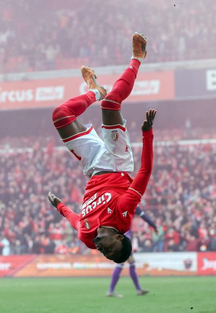 Standard's Rafiki Said celebrates after scoring a goal during the Belgian Pro League football match between Standard Liège and RSC Anderlecht in Liège on February 1, 2026. (Photo by VIRGINIE LEFOUR / Belga / AFP) / Belgium OUT