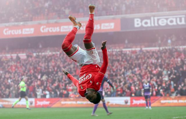 Standard's Rafiki Said celebrates after scoring a goal during the Belgian Pro League football match between Standard Liège and RSC Anderlecht in Liège on February 1, 2026. (Photo by VIRGINIE LEFOUR / Belga / AFP) / Belgium OUT