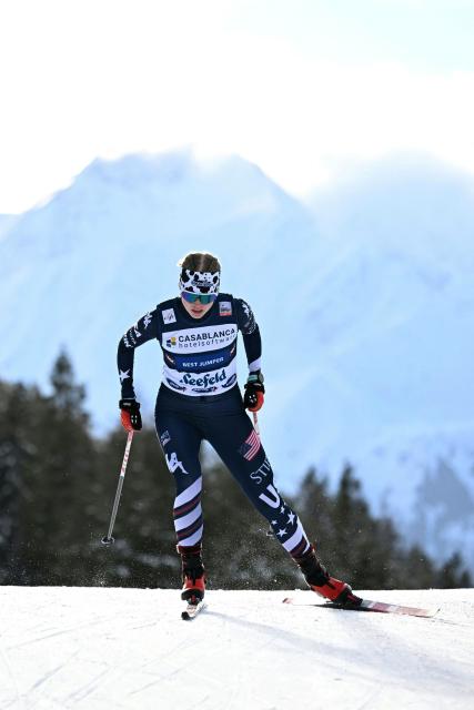 USA's Alexa Brabec competes during the cross-country race of the Women's Individual Gundersen Normal Hill HS109/7,5km event of the FIS Nordic Combined World Cup in Seefeld, Austria, on February 1, 2026. (Photo by BARBARA GINDL / APA / AFP) / Austria OUT