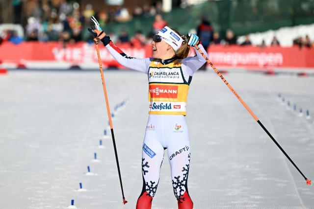 Norway's Ida Marie Hagen celebrates winning the Women's Individual Gundersen Normal Hill HS109/7,5km event of the FIS Nordic Combined World Cup in Seefeld, Austria, on February 1, 2026. (Photo by BARBARA GINDL / APA / AFP) / Austria OUT