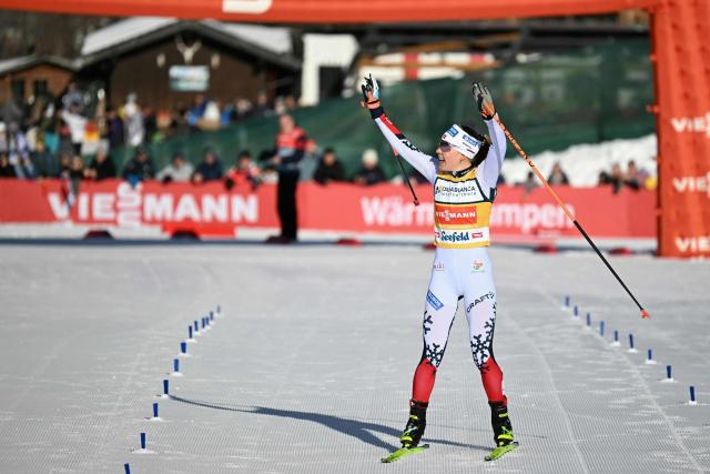 Norway's Ida Marie Hagen celebrates winning the Women's Individual Gundersen Normal Hill HS109/7,5km event of the FIS Nordic Combined World Cup in Seefeld, Austria, on February 1, 2026. (Photo by BARBARA GINDL / APA / AFP) / Austria OUT