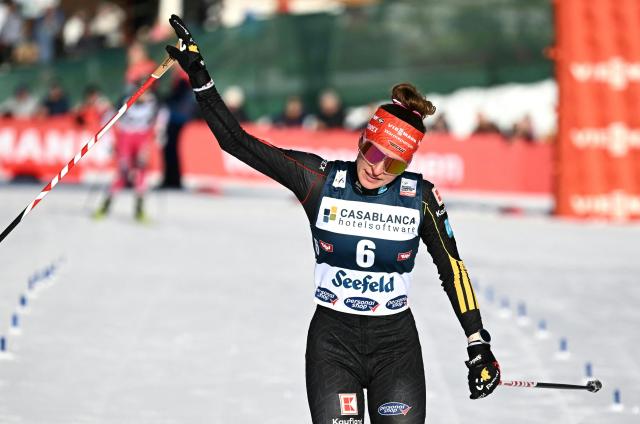 Germany's Nathalie Armbruster competes during the cross-country race of the Women's Individual Gundersen Normal Hill HS109/7,5km event of the FIS Nordic Combined World Cup in Seefeld, Austria, on February 1, 2026. (Photo by BARBARA GINDL / APA / AFP) / Austria OUT