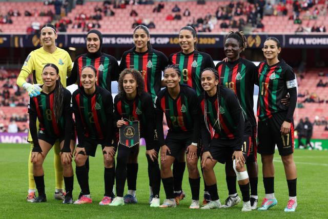 ASFAR's players pose for a team photo ahead of the FIFA Women's Champions Cup third place play off football match between ASFAR (Association Sportive des Forces Armees Royales - Royal Army Club) and Gotham FC at the Emirates Stadium in London on February 1, 2026. (Photo by Adrian Dennis / AFP)