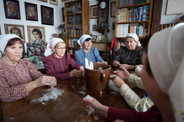Women tear feathers into small pieces during the traditional feather plucking in Kobyli, South Moravia, on February 1, 2026. In Kobyli, women gather to pluck feathers from geese and ducks by hand. For over twenty years, women have been meeting every winter to follow this tradition. (Photo by Radek MICA / AFP)