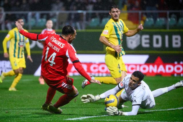 SL Benfica's Greek forward #14 Vangelis Pavlidis fails to score past Tondela's Brazilian goalkeeper #31 Bernardo Fontes during the Portuguese League football match between CD Tondela and SL Benfica at the Joao Cardoso stadium in Tondela on February 1, 2026. (Photo by Miguel RIOPA / AFP)