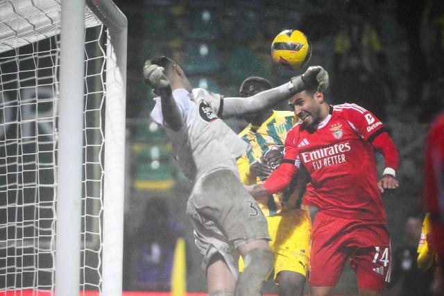 SL Benfica's Greek forward #14 Vangelis Pavlidis (R) heads the ball as Tondela's Brazilian goalkeeper #31 Bernardo Fontes defends the goal during the Portuguese League football match between CD Tondela and SL Benfica at the Joao Cardoso stadium in Tondela on February 1, 2026. (Photo by Miguel RIOPA / AFP)