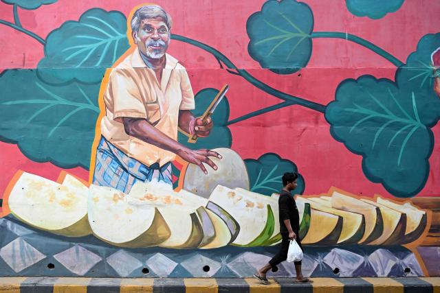 A pedestrian walks past a mural along a street in Chennai on February 2, 2026. (Photo by R.Satish BABU / AFP)