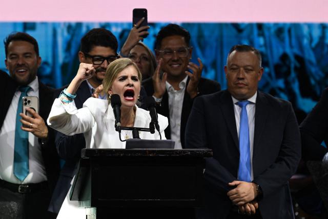 Costa Rica’s presidential candidate from the Sovereign People Party, Laura Fernandez, gestures as she delivers her victory speech after the presidential election results at the Aurola Hotel, in San Jose on February 1, 2026. Right-wing candidate Laura Fernandez won Costa Rica's presidential election on February 1 by a landslide after promising to crack down hard on rising violence linked to the cocaine trade. (Photo by MARVIN RECINOS / AFP)