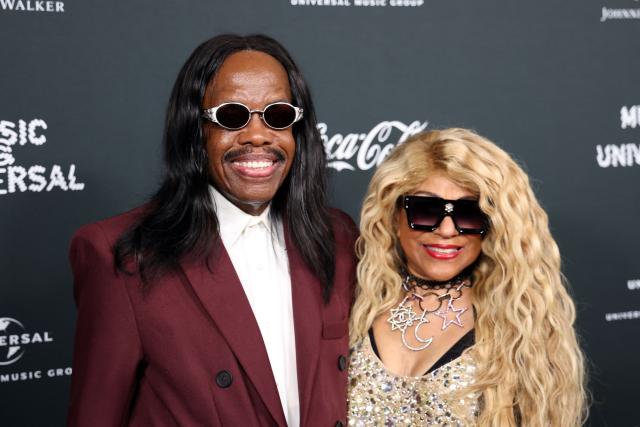 US musician Verdine White (L), founding member of the band Earth, Wind & Fire, and US singer and dancer Shelly Clark, attend Universal Music Group's Grammy after party at Nya Studios West in Los Angeles on February 1, 2026. (Photo by Michael Tran / AFP)