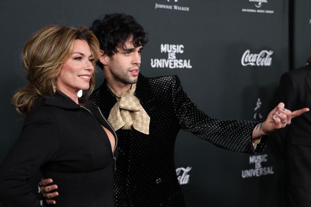 Canadian singer-songwriter Shania Twain and US singer-songwriter Stephen Sanchez attend Universal Music Group's Grammy after party at Nya Studios West in Los Angeles on February 1, 2026. (Photo by Michael Tran / AFP)