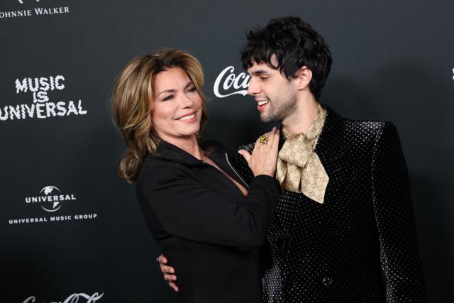 Canadian singer-songwriter Shania Twain and US singer-songwriter Stephen Sanchez attend Universal Music Group's Grammy after party at Nya Studios West in Los Angeles on February 1, 2026. (Photo by Michael Tran / AFP)