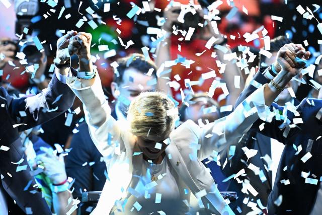 Costa Rica’s presidential candidate from the Sovereign People Party, Laura Fernandez, react during her victory speech after the presidential election results at the Aurola Hotel, in San Jose on February 1, 2026. Right-wing candidate Laura Fernandez won Costa Rica's presidential election on February 1 by a landslide after promising to crack down hard on rising violence linked to the cocaine trade. (Photo by MARVIN RECINOS / AFP)